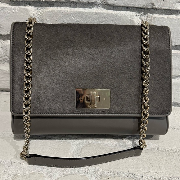 Kate Spade Calf Hair Leather Gray Shoulder Gold Chain Bag - Picture 2 of 8